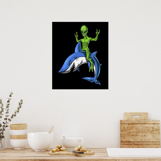 Alien Riding Shark Space UFO Poster (Küche)