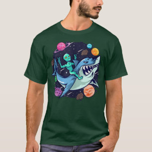 Alien Riding Shark UFO Weltraumplanets Kinder und  T-Shirt