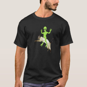 Alien Riding Siamese Cat in Space Ufo Invasion T-Shirt