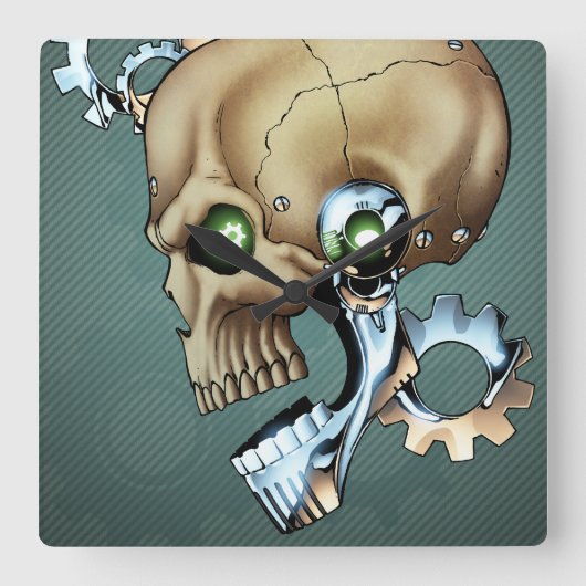 Alien Robot Skull aus der Zukunft in Chrome + Bone Quadratische Wanduhr (Vorderseite)
