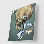 Alien Robot Skull aus der Zukunft in Chrome + Bone Quadratische Wanduhr (Winkel)