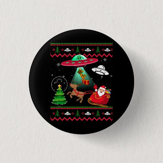Alien Santa UFO Entführung Ugly Christmas Sweater Button (Vorderseite)