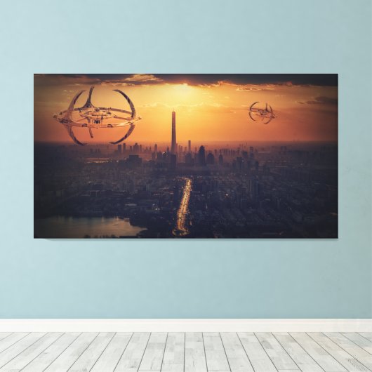 Alien Schifffahrt über City Fantasy Landschaft Leinwanddruck (Insitu (Holzboden))