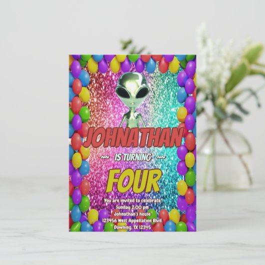 Alien Space UFO Rocket Ship Zum kosmischen Geburts Einladung (Stehend Vorderseite)