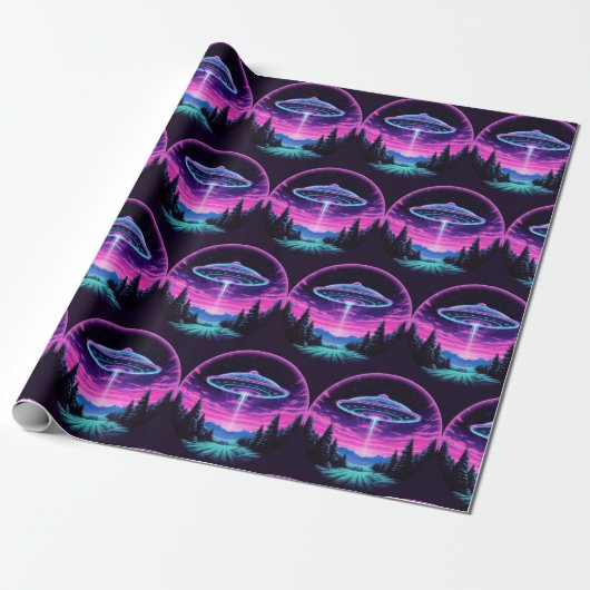 Alien Spaceship Retro Futuristic Geschenkpapier (Ungerollt)