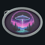 Alien Spaceship Retro Futuristic Ovale Gürtelschnalle<br><div class="desc">Treten Sie ein in eine Welt des Weltwunderns mit unserer faszinierenden Alien Spaceship Vaporwave ästhetische Kunstdruckerei. Vor dem Hintergrund eines Sternenhimmels zeigt diese bezaubernde Szene ein Raumschiff der Alien, das über ein ruhiges Nachtfeld schwebt und einen ätherischen Schein ausstrahlt, der die Umgebung in einem surrealen Licht badet. Inspiriert durch die...</div>