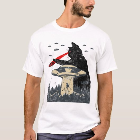 Alien Ufo Abduction Laser Eye Funny Cat T-Shirt (Vorderseite)