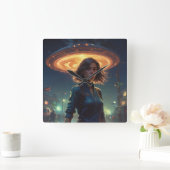 Alien UFO Begegnung mit Mädchen in der Stadt Quadratische Wanduhr (Zuhause)