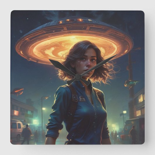 Alien UFO Begegnung mit Mädchen in der Stadt Quadratische Wanduhr (Vorderseite)