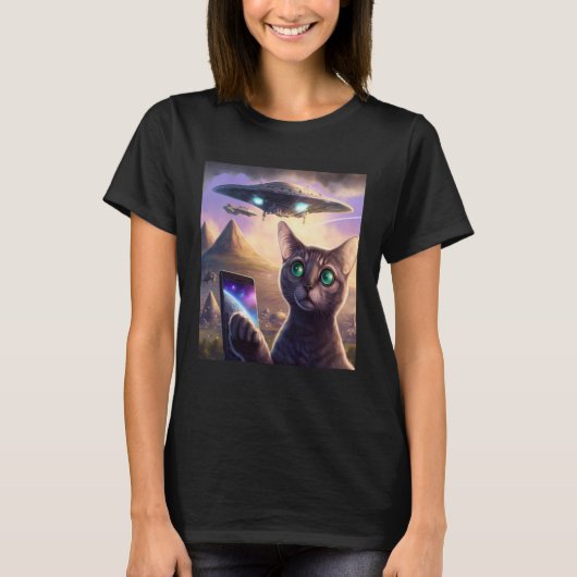 Alien UFO Cat Selfie Galaxy Cat T-Shirt (Vorderseite)