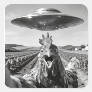 Alien UFO Chicken Art Abduction SciFi Humor Quadratischer Aufkleber