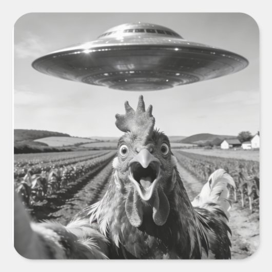 Alien UFO Chicken Art Abduction SciFi Humor Quadratischer Aufkleber (Vorderseite)