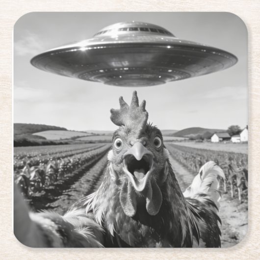 Alien UFO Chicken Art Abduction SciFi Humor Rechteckiger Pappuntersetzer (Vorderseite)