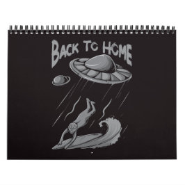 Alien-UFO-Surfing-Illustration mit Zurück nach Hau Kalender