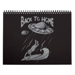 Alien-UFO-Surfing-Illustration mit Zurück nach Hau Kalender