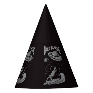 Alien-UFO-Surfing-Illustration mit Zurück nach Hau Partyhütchen