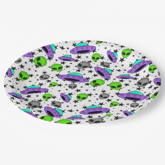 Alien ufo und Sternmuster Pappteller (Schrägansicht)