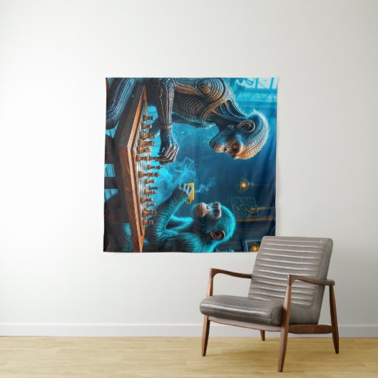 Alien und Affe spielen Schach mit Kaffee Wandteppich (Beispiel (Horizontal))