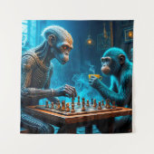 Alien und Affe spielen Schach mit Kaffee Wandteppich (Vorderseite)