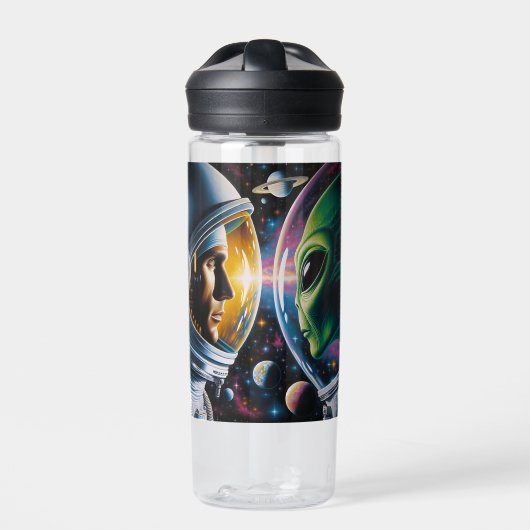 Alien und Astronaut im Weltraum Personalisiert Trinkflasche (Vorderseite)