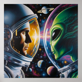 Alien und Astronaut im Weltraum Poster