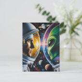Alien und Astronaut im Weltraum Postkarte (Stehend Vorderseite)