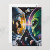 Alien und Astronaut im Weltraum Postkarte (Vorne/Hinten)