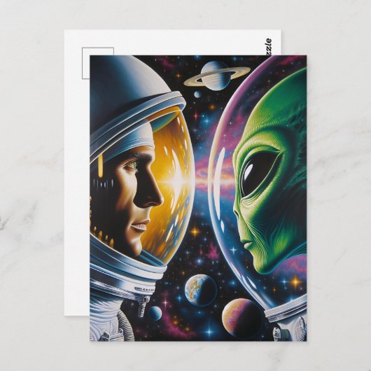 Alien und Astronaut im Weltraum Postkarte (Vorne/Hinten)