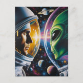 Alien und Astronaut im Weltraum Postkarte (Vorderseite)
