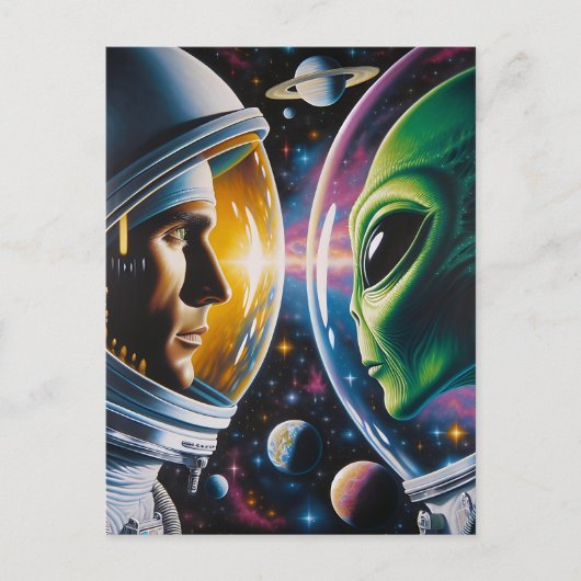 Alien und Astronaut im Weltraum Postkarte (Vorderseite)