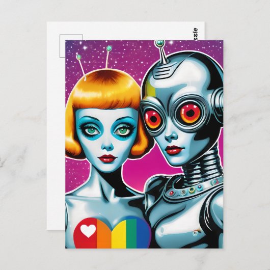 Alien und ein Roboter in der Liebe Prix Postkarte (Vorne/Hinten)