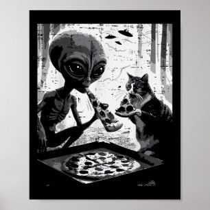 Alien und Katze essen Pizza Funny Snack Food Men W Poster