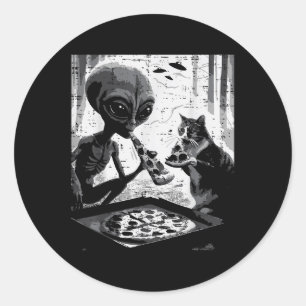 Alien und Katze essen Pizza Funny Snack Food Men W Runder Aufkleber