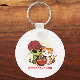 Alien und Katze teilen sich Ramen Kawaii Kunst Schlüsselanhänger