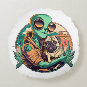 Alien und Mops Rundes Kissen