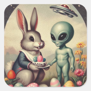 Alien und Osterhase Kitsch Vintage-Malerei Quadratischer Aufkleber