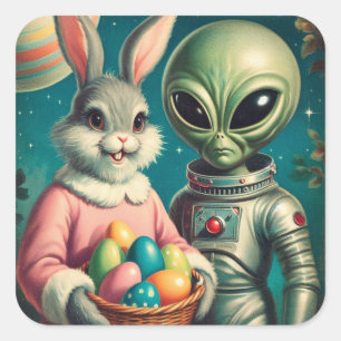 Alien und Osterhase Kitsch Vintage-Malerei Quadratischer Aufkleber