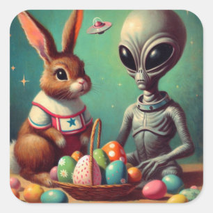 Alien und Ostern Bunny Kitsch Vintage Malerei Quadratischer Aufkleber