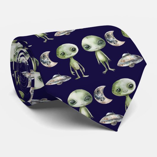 Alien und Raumschiff Krawatte (Gerollt)