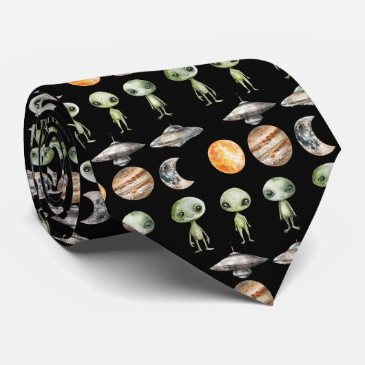 Alien und Raumschiff Krawatte (Gerollt)