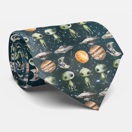 Alien und Raumschiff Krawatte (Gerollt)
