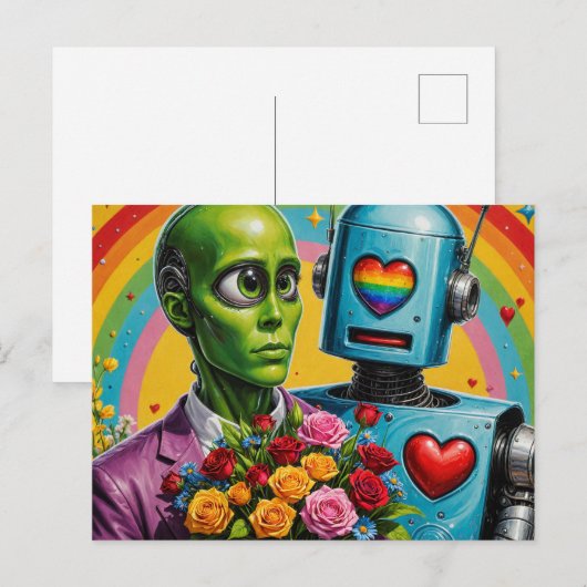 Alien und Robot Couple Postkarte (Vorne/Hinten)