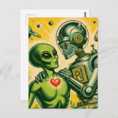 Alien und Robot Retro-Liebe Postkarte (Vorne/Hinten)