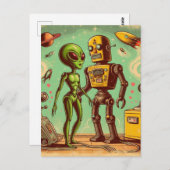 Alien und Robot Retro-Liebe Postkarte (Vorne/Hinten)