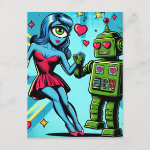 Alien und Roboter in der Liebe Postkarte