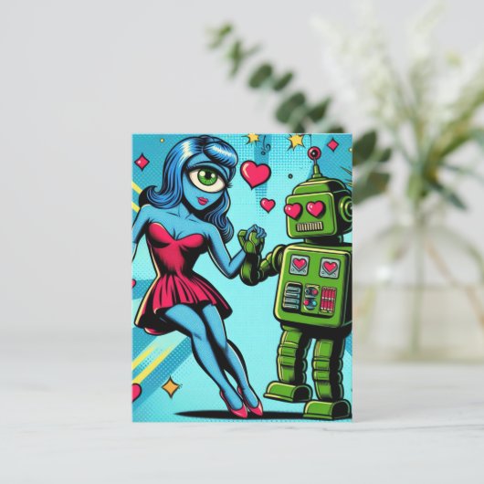 Alien und Roboter in der Liebe Postkarte (Stehend Vorderseite)