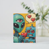 Alien und Roboter in der Liebe Postkarte (Stehend Vorderseite)