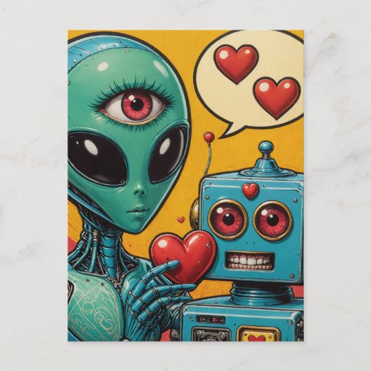 Alien und Roboter in der Liebe Postkarte (Vorderseite)