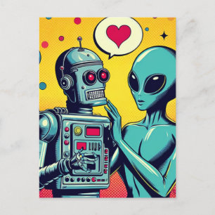 Alien und Roboter in der Liebe Postkarte
