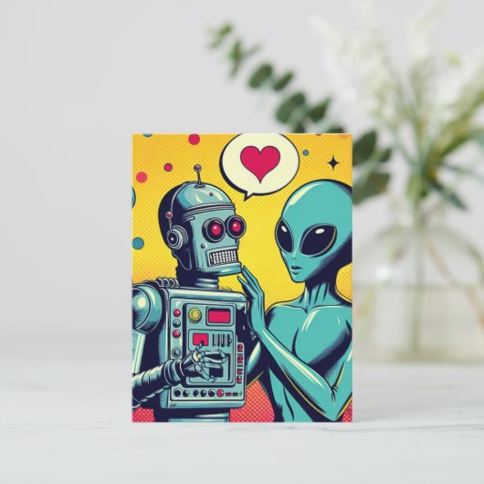 Alien und Roboter in der Liebe Postkarte (Stehend Vorderseite)